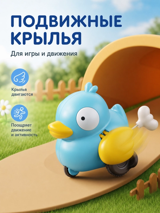 Милая маленькая игрушка-уточка с веревочкой заведена и движется вперед - 