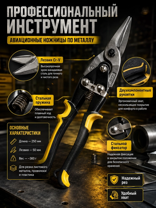 Авиационные ножницы по металлу 250 мм с фиксатором - 