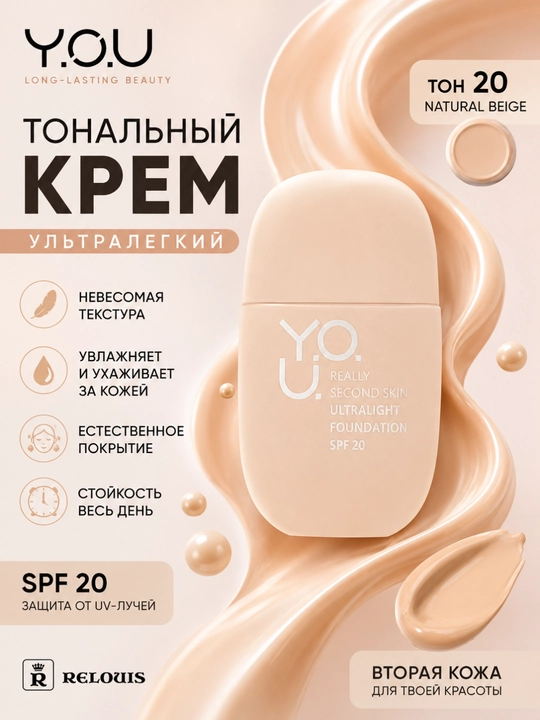 Тональный крем Y.O.U. Really Second skin ультралегкий, Relouis - 