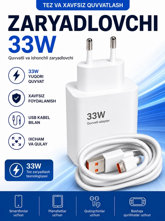 Zaryadlash qurilmasi, 120W, 67W, 33W, Type-C, zaryad adapteri va kabeli bilan - 