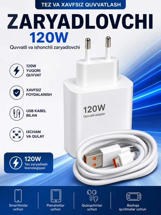 Zaryadlash qurilmasi, 120W, 67W, 33W, Type-C, zaryad adapteri va kabeli bilan