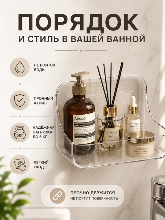 Полка для ванной, органайзер для косметике, для хранения, без сверления, пластиковая