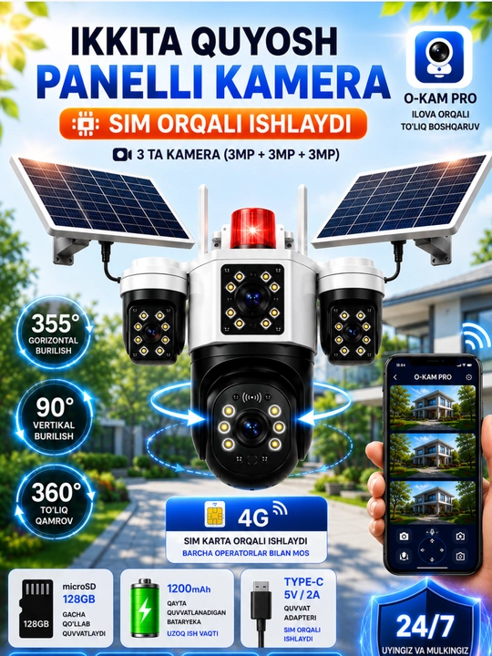 SIM-karta+12v va quyosh panelli 4G kamera Wi-Fi va elektr quvvati bo'lmagan hududlar uchun - 