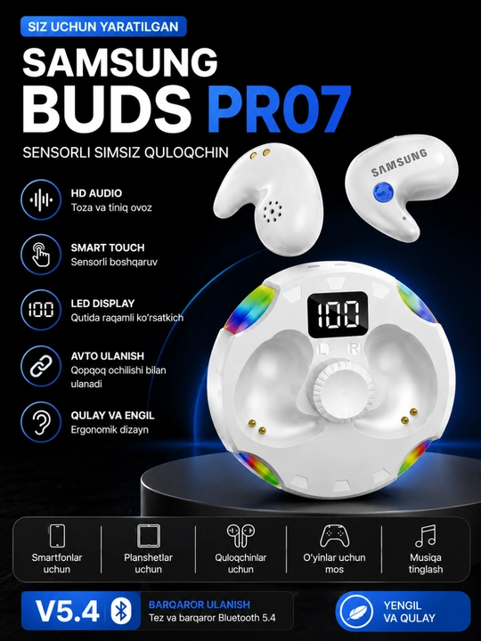 Buds Pro 7 TWS simsiz quloqchin, Bluetooth 5.4, LED displeyli zaryadlash qutisi - 