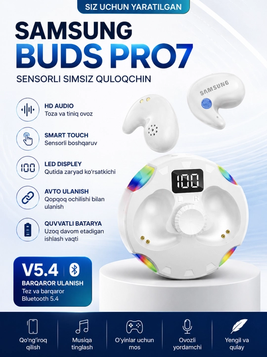 Buds Pro 7 TWS simsiz quloqchin, Bluetooth 5.4, LED displeyli zaryadlash qutisi