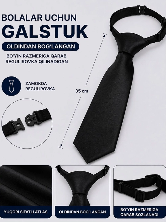 Bolalar uchun tayyor tugunli, qulay va maktabga mos keladigan galstuk - 