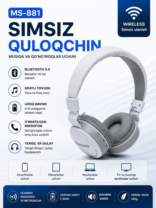 MS-881 simsiz quloqchin, Bluetooth 5.0, buklanadigan, mikrofonli - 
