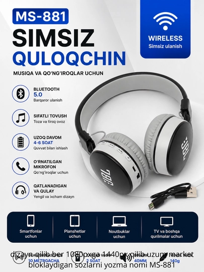 MS-881 simsiz quloqchin, Bluetooth 5.0, buklanadigan, mikrofonli - 