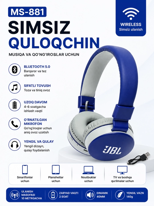 MS-881 simsiz quloqchin, Bluetooth 5.0, buklanadigan, mikrofonli - 