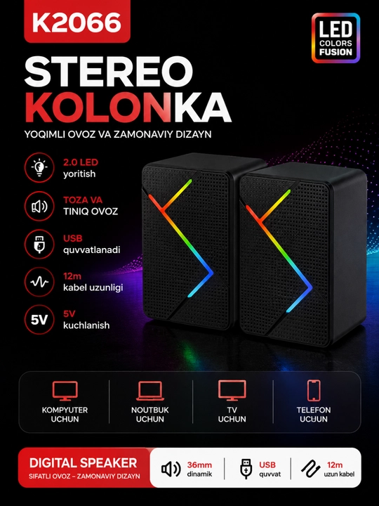 K2066 USB kompyuter karnayi, 2.0 stereo, LED yoritgichli, AUX ulanish - 