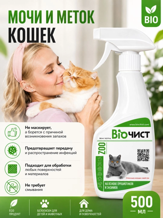 Эко-средство Биочист, удаляющее неприятные запахи кошек, мочу и следы