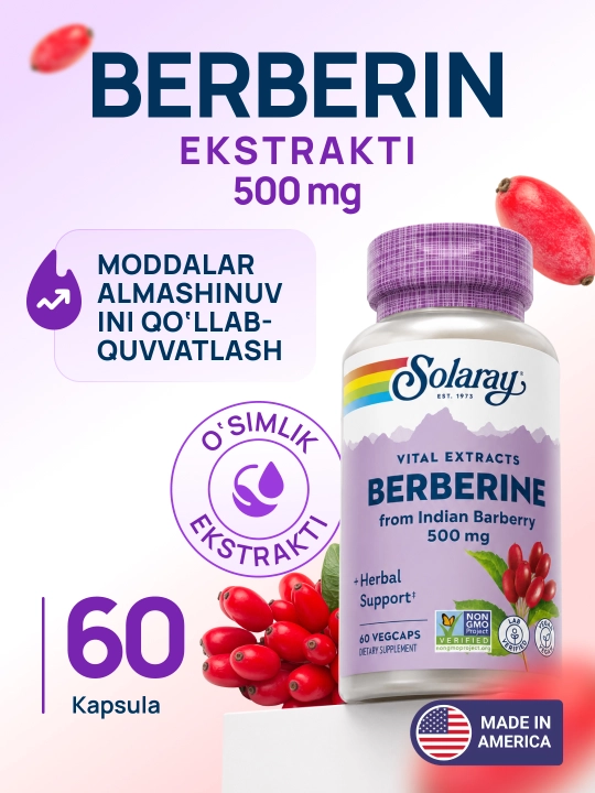 Solaray Berberin 500 mg, 60 kapsula — metabolizm va jigar uchun