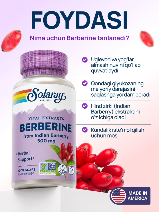 Solaray Berberin 500 mg, 60 kapsula — metabolizm va jigar uchun