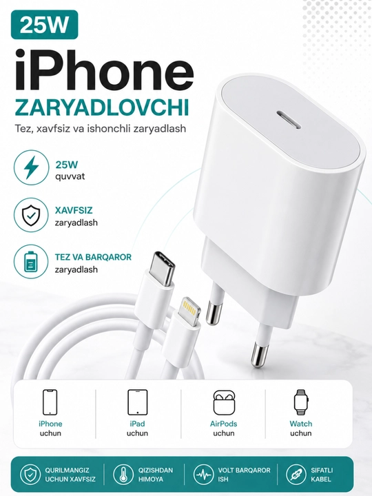 25W USB-C adapter va Type-C to Lightning kabel, iPhone uchun