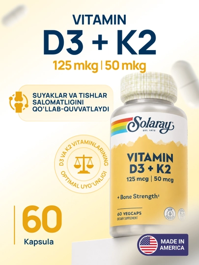 Solaray D3 + K2 vitamini suyaklar va immunitet uchun, 60 ta o‘simlik kapsulasi