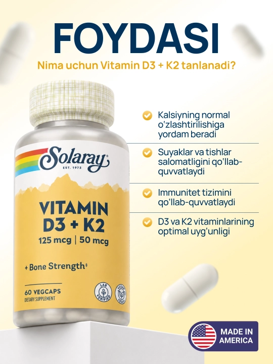 Solaray D3 + K2 vitamini suyaklar va immunitet uchun, 60 ta o‘simlik kapsulasi