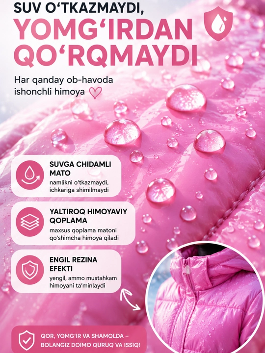 Qizlar uchun kapyushonli, suv o‘tkazmaydigan, isitilgan, pushti rangli qishki kurtka