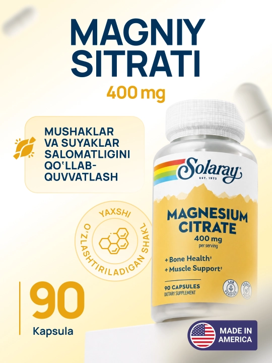 Solaray Magniy sitrati 400 mg mushaklar, asab tizimi va suyaklar uchun, 90/180 ta kapsula