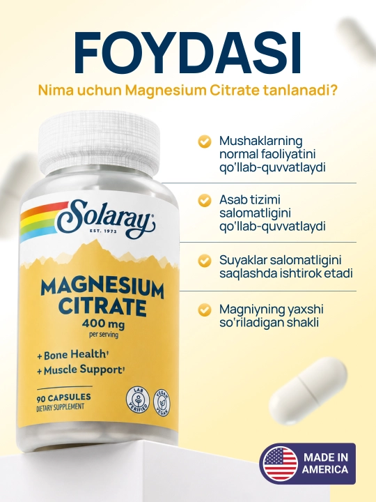 Solaray Magniy sitrati 400 mg mushaklar, asab tizimi va suyaklar uchun, 90/180 ta kapsula
