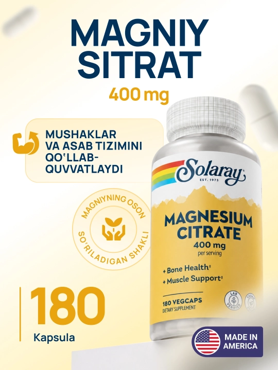 Solaray Magniy sitrati 400 mg mushaklar, asab tizimi va suyaklar uchun, 90/180 ta kapsula