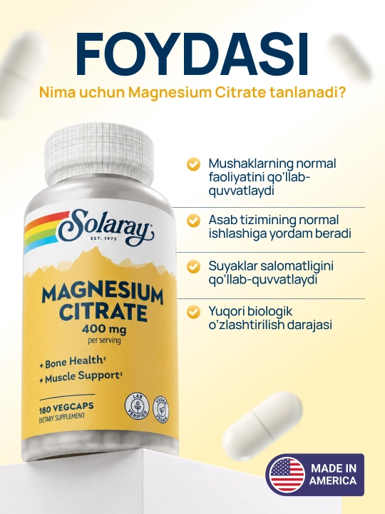 Solaray Magniy sitrati 400 mg mushaklar, asab tizimi va suyaklar uchun, 90/180 ta kapsula