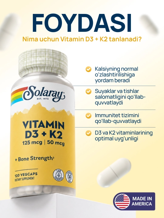 Solaray Витамин D3 + K2 для здоровья костей и иммунитета, 120 растительных капсул