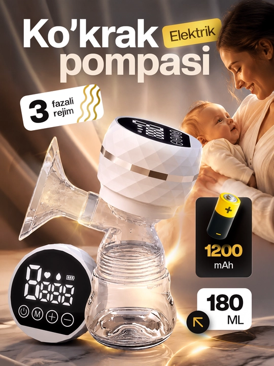 Elektr ko'krak pompasi, uch fazali, oziqlantiruvchi shishasi bilan - sut so'rg'ich - 