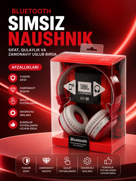 Kuchli bas va uzoq muddat xizmat qiladigan JBL 881A Bluetooth simsiz quloqchinlari - 