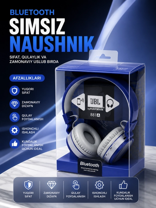 Kuchli bas va uzoq muddat xizmat qiladigan JBL 881A Bluetooth simsiz quloqchinlari - 