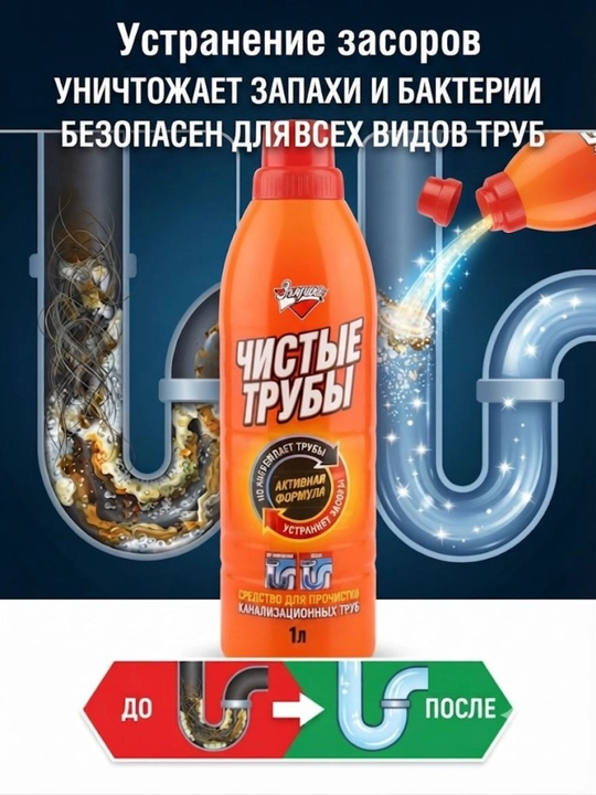 Гель для чистки труб "Чистые трубы" Золушка, 1 л - 