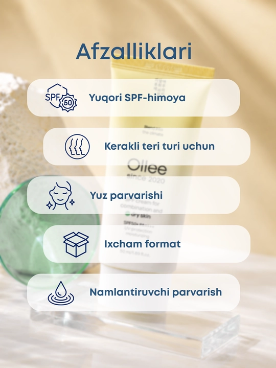 Krem SPF50+ quyoshdan himoya yog‘li, quruq va kombinatsiyalangan teri uchun OLLEE 50 ml