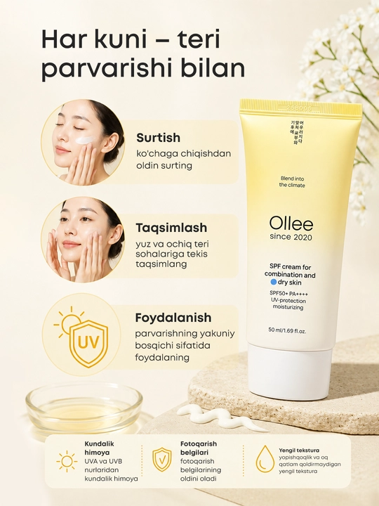Krem SPF50+ quyoshdan himoya yog‘li, quruq va kombinatsiyalangan teri uchun OLLEE 50 ml