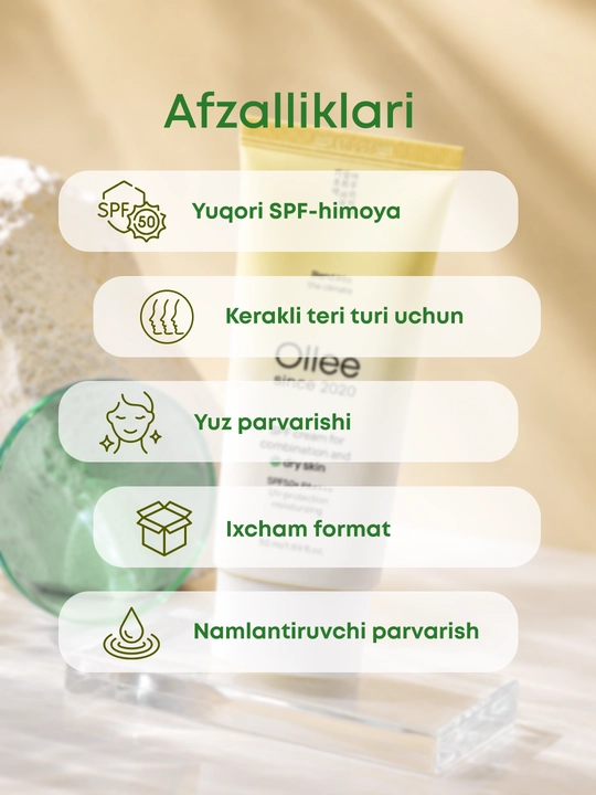 Krem SPF50+ quyoshdan himoya yog‘li, quruq va kombinatsiyalangan teri uchun OLLEE 50 ml