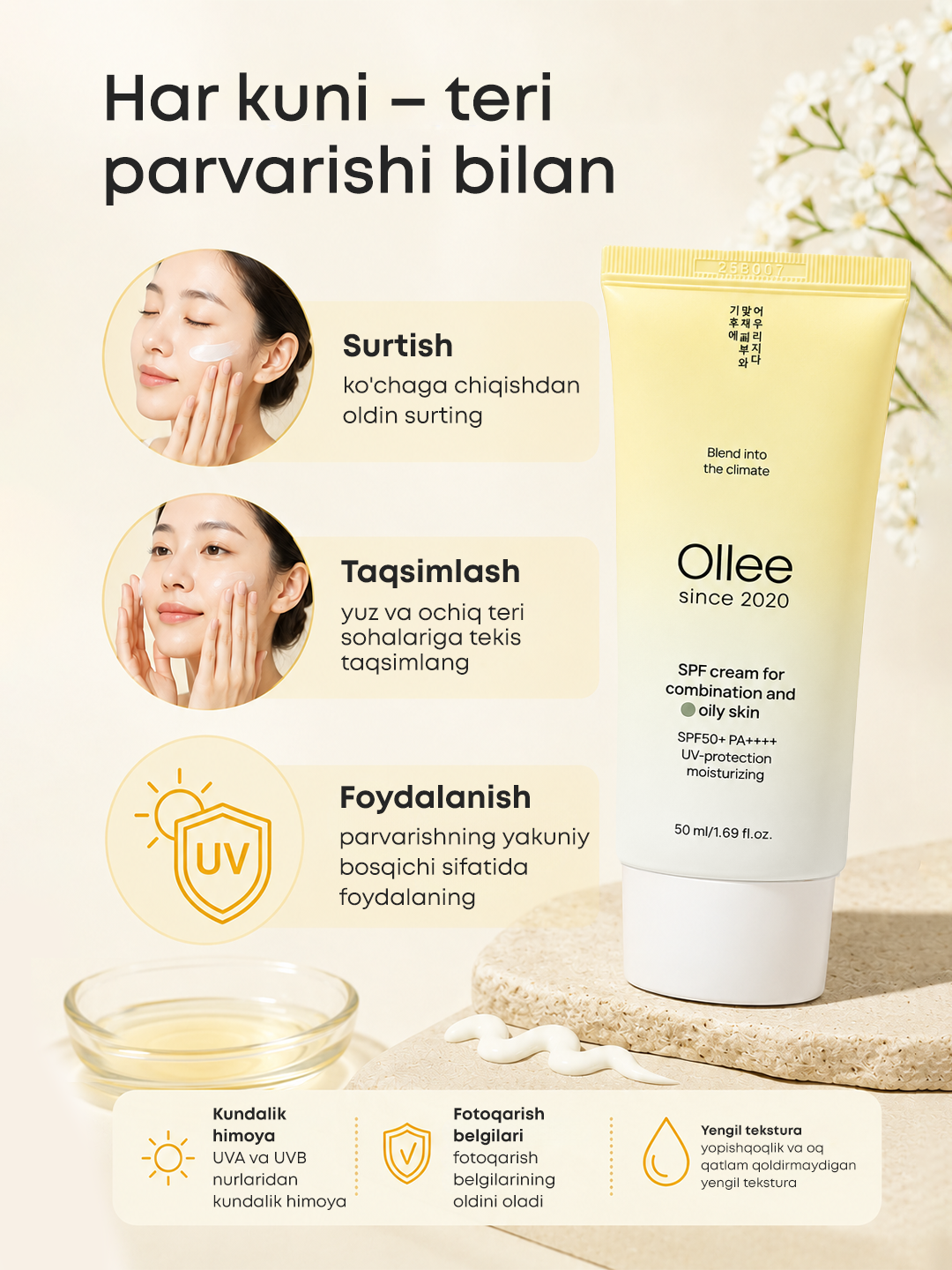 Krem SPF50+ quyoshdan himoya yog‘li, quruq va kombinatsiyalangan teri uchun OLLEE 50 ml