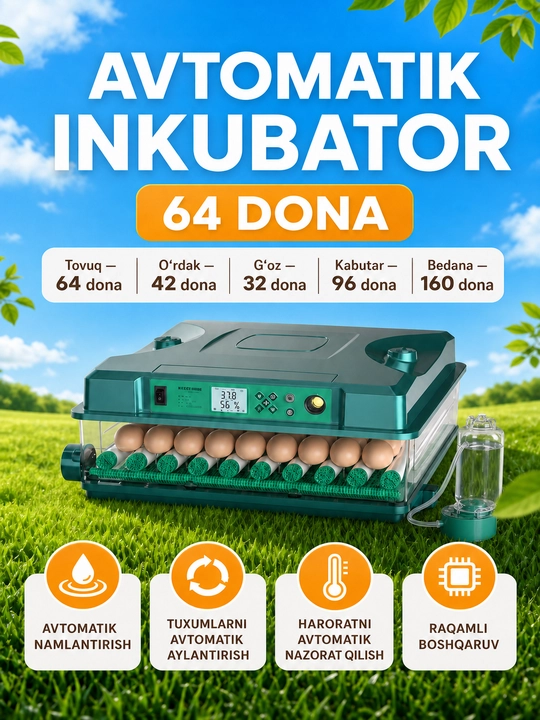 Автоматический инкубатор для яиц 24/36/64/256, питание 220В и 12В - 