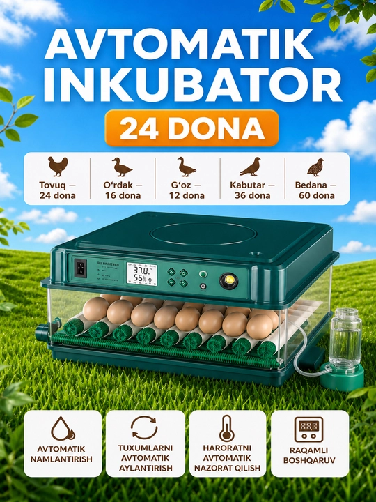 Автоматический инкубатор для яиц 24/36/64/256, питание 220В и 12В - 