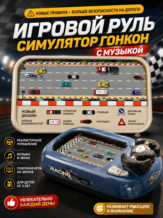 Детская электронная игра в форме руля с гоночным симулятором и звуковыми эффектами