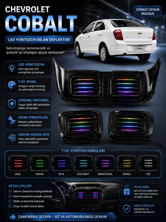 Комплект дефлекторов с подсветкой 7 цветов, в стиле Mercedes для Cobalt 4 шт
