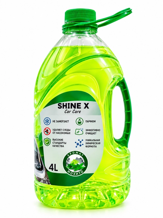 SHINE X yozgi oynayuvish suyuqligi 4 litr, Mojito hidi, avtomobil oynasi va faralari uchun