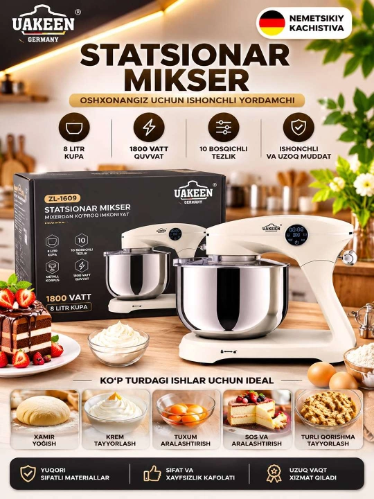 UAKEEN ZL-1609 Planetar Mikser 1800W 8 litr — professional natija endi uyingizda - 