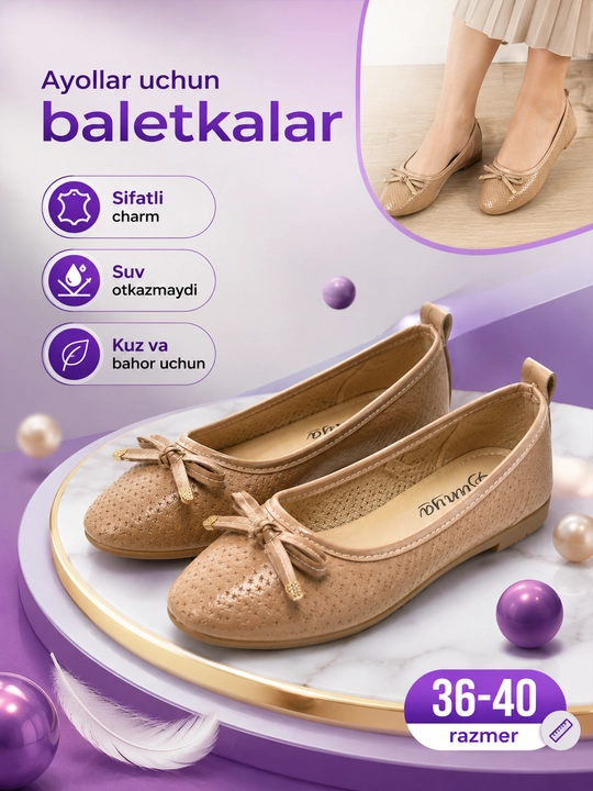O‘qish, ish va kundalik kiyish uchun mo‘ljallangan ayollar baletkalari. O‘lchami standartga mos keladi - 