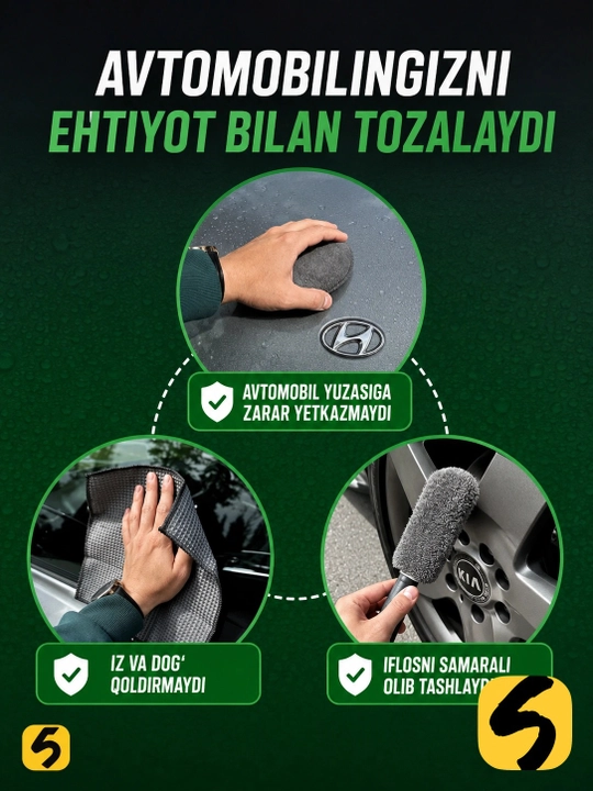 9 tasi 1 da Avtomobil yuvish to'plami – Mikrofibrali avto parvarish anjomlari