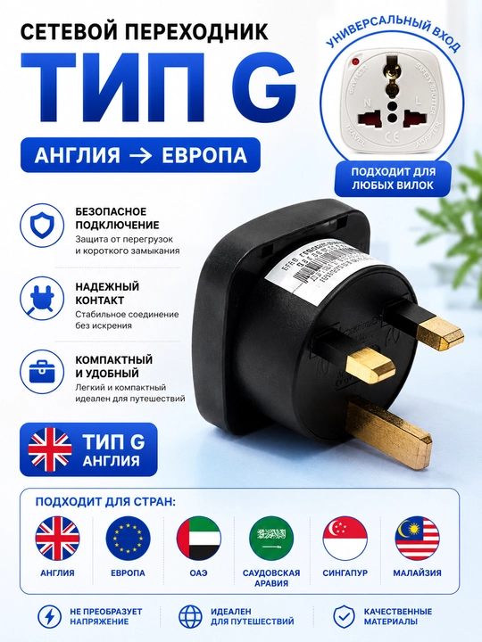 Tarmoq adapteri turi G Angliya, Yevropa, BAA, Saudiya Arabistoni, Singapur, Malayziya - 