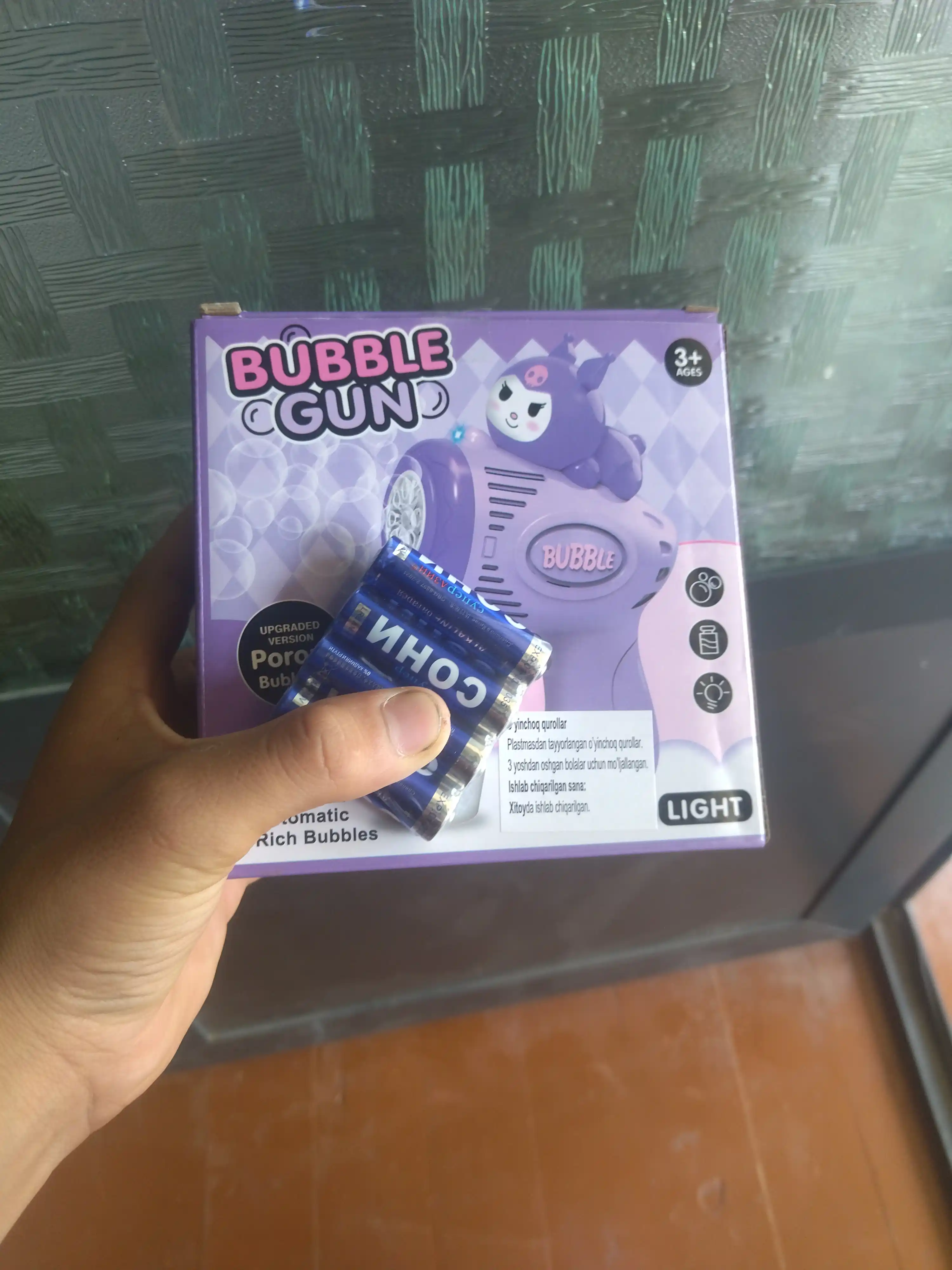 Sovun pufakchalari uchun Bubble Gun to‘pponcha, avtomatik, LED bilan, bolalar o‘yinchog‘i