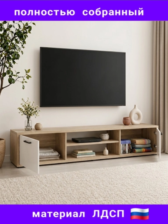 TV SLIM, современная ТВ тумба для гостиной – 120/140/160 см, полностью собранная, ЛДСП