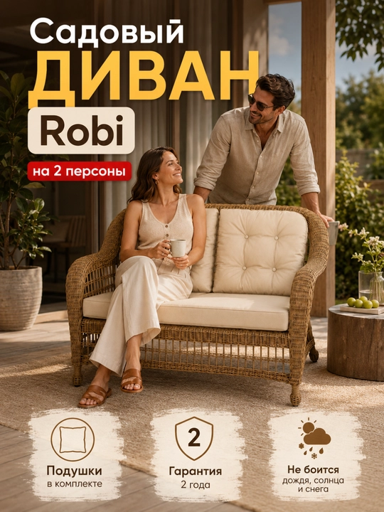 Bog‘ uchun AIKO Robi divani, 2 kishilik, eko-rattan, sofa, bog‘ mebeli - 
