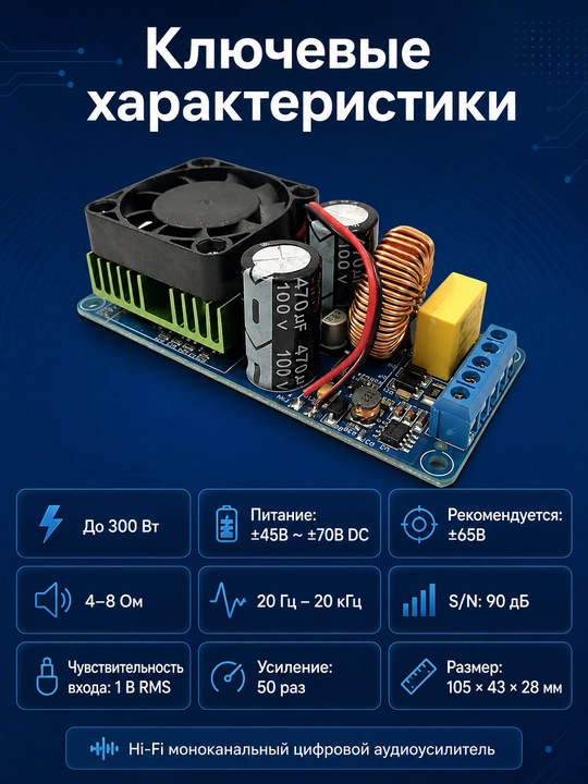 300Vt Hi-Fi monokanal raqamli audio kuchaytirgich, ±65V, 4–8 Ohm, 90dB S/Sh nisbati