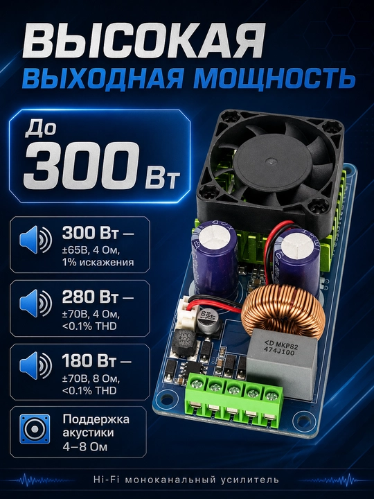 300Vt Hi-Fi monokanal raqamli audio kuchaytirgich, ±65V, 4–8 Ohm, 90dB S/Sh nisbati