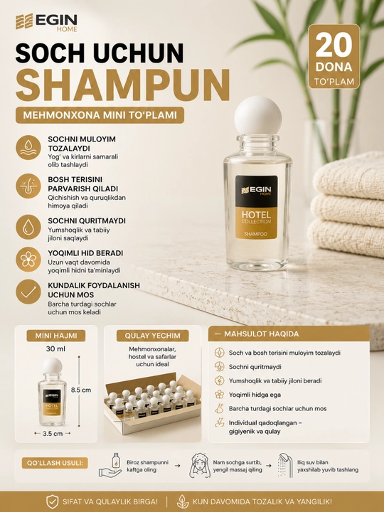 Soch uchun shampun, mehmonxona uchun, mini to‘plam, 20 dona - 