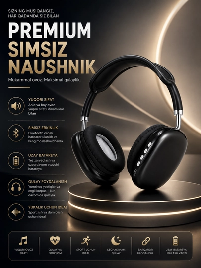 Simsiz Bluetooth Quloqchin – Hi-Fi Stereo Ovoz, 12 Soat Ishlash va Bluetooth 5.0 - 